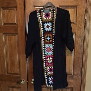Anthropologie Black Cardigan with Multicolor Crochet Detail